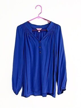 Lilly Pulitzer Elsa Silk Top Large Blue Long Sleeve Popover Blouse Resort Preppy